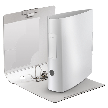 Leitz Ordner Active Style DIN A4 in arktik weiß mit 3 Innentaschen und seitlicher Mechaniköffnung.