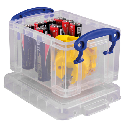 Transparente Aufbewahrungsbox mit Bügelverschlüssen, gefüllt mit Batterien und anderem Inhalt.