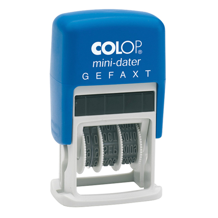 Datumstempel mit blauer Kappe, zeigt Datumsräder und den Stempeltext „GEFAXT“.