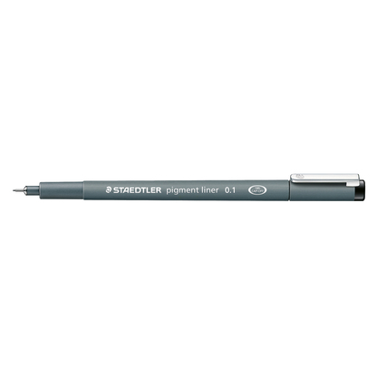 Schwarzer Fineliner mit 0,1 mm Spitze, in seitlicher Ansicht mit Kappe.