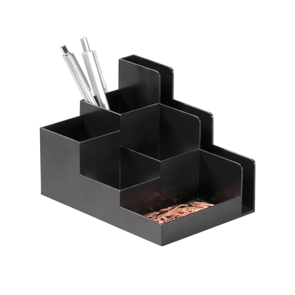 Schreibtisch-Organizer in schwarz mit Fächern für Stifte, Büroklammern und Briefumschläge.