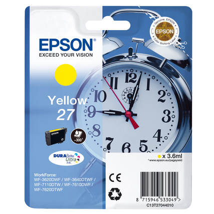 Gelbe Tintenpatrone 27 von Epson in Verpackung mit abgebildeter Uhr und Produktinformationen.