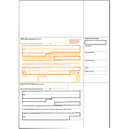 SEPA-Überweisung/Zahlschein mit ausfüllbaren Feldern auf Spezialpapier.
