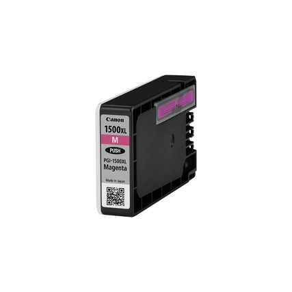 Magenta Tintenpatrone in einer schwarzen Verpackung mit Kennzeichnung und QR-Code.