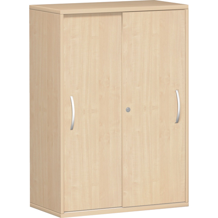 Holzfarbener Schiebetürenschrank mit zwei Türen und geraden Griffen in Ahornoptik.