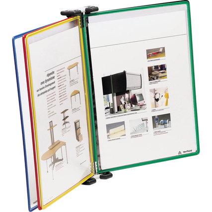 Sichttafelwandhalter mit mehreren transparenten Fächern in verschiedenen Farben, geöffnet.