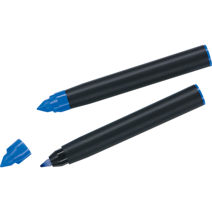 Zwei blaue Tintenroller mit abnehmbaren Kappen in einer Produktabbildung.