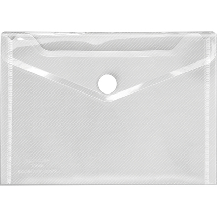 Transparente Dokumentenhülle in Streifenoptik für DIN A6 mit Druckknopfverschluss.