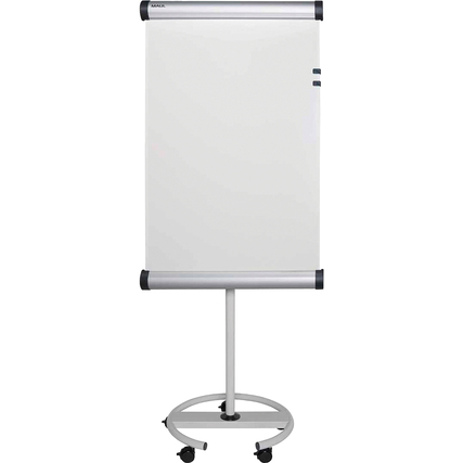 Flipchart mit höhenverstellbarem, rollbarem Standfuß und abklappbarem Aluminium-Ablageschale.