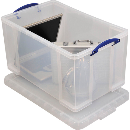 Transparente Aufbewahrungsbox mit Deckel und Bügelverschlüssen, gefüllt mit mehreren Gegenständen.