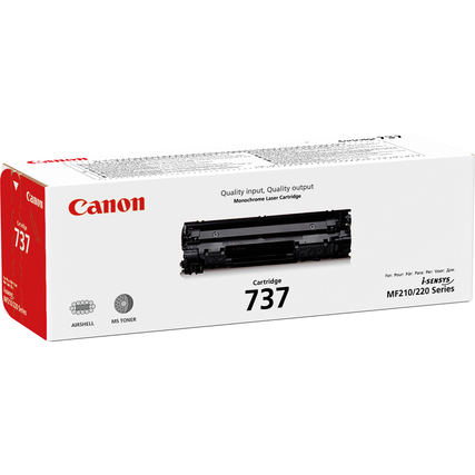 Schwarze Tonerkartusche Canon 737 in Verpackung mit Produktinformationen auf der Seite.