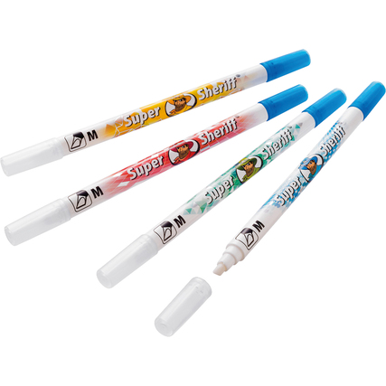 Vier Tintenlöscher mit Multi-Spitze in verschiedenen Farben und geschlossenen Kappen.