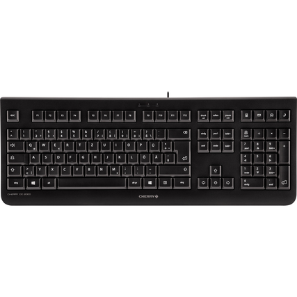 Flache, kabelgebundene Tastatur mit deutschsprachiger Beschriftung und 4 Hotkeys.