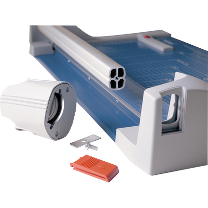 Rollenschneider mit abnehmbarem Messerkopf und Zubehörteilen auf einem blauen Schneidetisch.