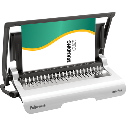 Plastikbindegerät in frontalem Blick mit eingebundenem Dokument und ausklappbarem Papierhalter.