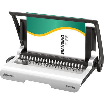 Plastikbindegerät Fellowes Star+ 150 mit eingelegtem Dokument und offenem Hebel für das Binden.