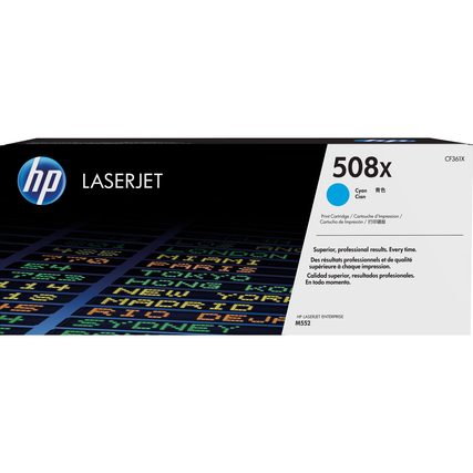 Tonerpatrone in cyan für HP Laserdrucker, Verpackung mit Produktbezeichnung und Marke.