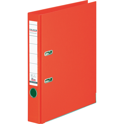 Orangener Kunststoffordner mit Wechselfenster und Leinenprägung, DIN A4, 50 mm.