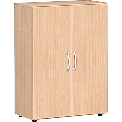 Flügeltürenschrank in Buche mit zwei Türen und Griffen, in stabiler Bauweise.