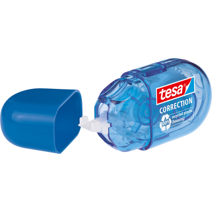 Korrekturroller in blauer Verpackung mit abnehmbarer Schutzkappe und sichtbarem Bandmechanismus.