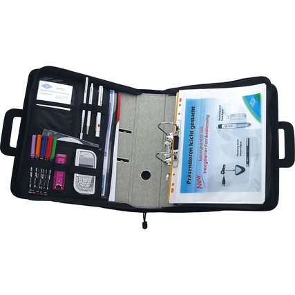 Schwarze Konferenzmappe mit zwei versenkbaren Tragegriffen und Fächern für Materialien und Ordner.