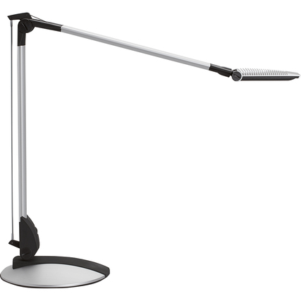 Tischleuchte mit länglichem Arm und stabiler runder Basis in silbernem Design.