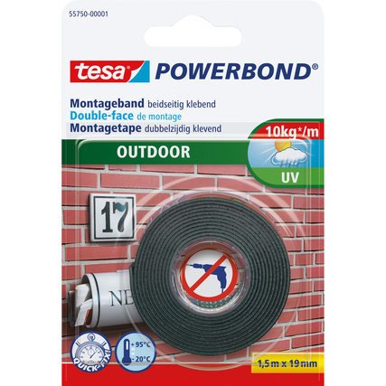 Selbstklebendes Montageband in schwarzer Farbe auf Verpackung mit technischen Angaben.