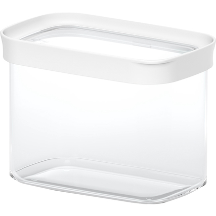 Transparente Vorratsdose mit weißem Deckel und rechteckiger Form.
