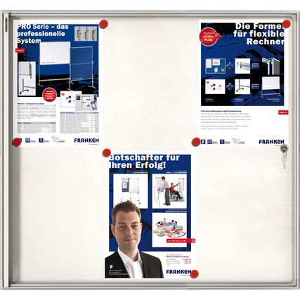 Ein silbereloxierter Schaukasten mit vier Plakaten im Innenraum, gezeigt in Anwendungsbeispiel.