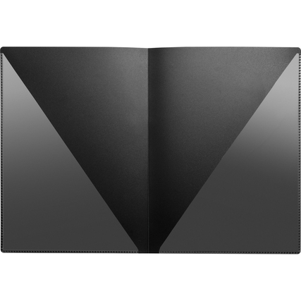 Schwarze Angebotsmappe mit zwei Klarsichttaschen und geprägtem Design, innen sichtbar.