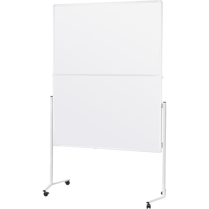 Doppelseitige, klappbare Moderationstafel mit Rollensatz und starrem Fußelement in Weiß.