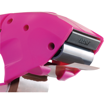 Packbandabroller in pink mit Anti-Rutsch-Griff, Teil einer Anwendung zur Paketverpackung.