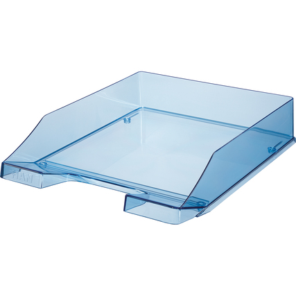 Blaue transparente Briefablage mit leicht angeschrägter Vorderfront zur Dokumentenablage.