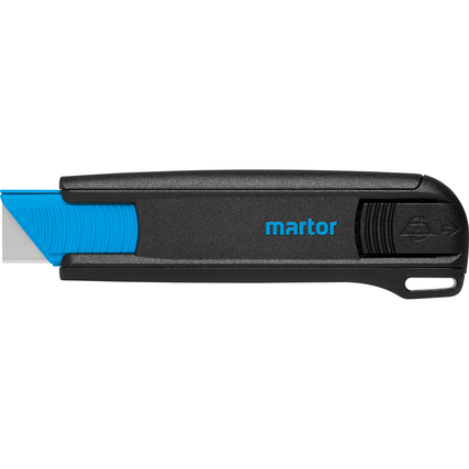 Sicherheitsmesser mit ergonomischem Griff und blauem Klingenbereich in seitlicher Ansicht.