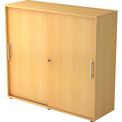 Schiebetürenschrank in Buche-Optik mit zwei Schiebetüren und abschließbarem Mittelsegment.
