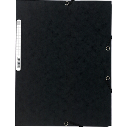 Schwarze Sammelmappe mit elastischen Bändern und beschriftbarem Etikett auf der Vorderseite.