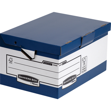 Archivbox mit ergonomischen Tragegriffen und stabiler Konstruktion in blauer und weißer Farbe.
