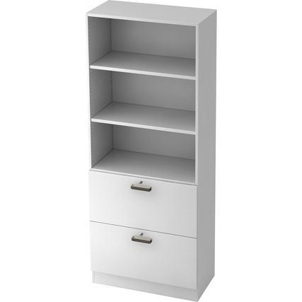 Hängeregistraturschrank in Weiß mit zwei Schubladen und vier offenen Fächern.