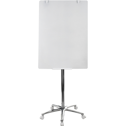 Mobiles Flipchart mit rahmenlosem Design und fahrbarem Ständer auf einem weißen Hintergrund.