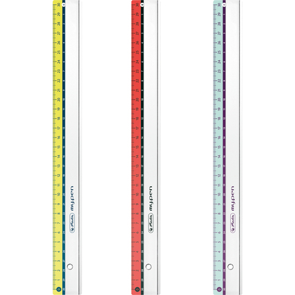 Drei 30 cm lange Lineale in verschiedenen Farben mit Messskala für Rechts- und Linkshänder.