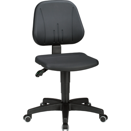 Schwarzer Arbeitsdrehstuhl mit höhenverstellbarem Sitz und Rollen.