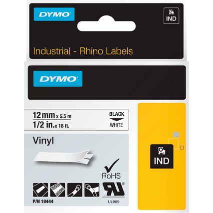 Weißes Schriftband mit schwarzer Beschriftung, verpackt in einer blauen und gelben Kassette.