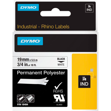 Schriftbandkassette in schwarzer und weißer Farbgestaltung mit Industrie-Label-Informationen.