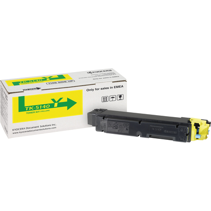 Gelber Toner TK-5140Y in Verpackung, auf weißem Hintergrund.