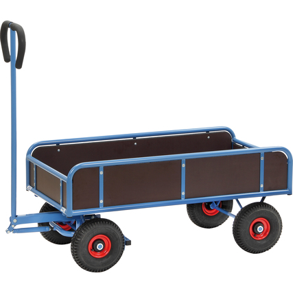 Blauer Handwagen mit roten Rädern und wasserfestem Sperrholzaufbau, seitliche Wände und Deichsel.