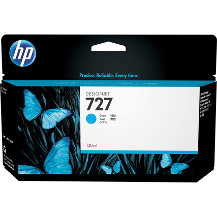 HP Tintenpatrone 727 cyan in paketierter Form mit Schmetterlingen auf der Verpackung.