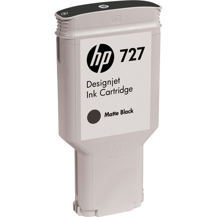 Schwarze matte HP Tintenpatrone 727 für Designjet-Drucker in horizontaler Ansicht.