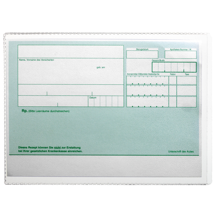 Transparente Ausweishülle mit oben offener Öffnung, gefüllt mit einem Blankorezept.