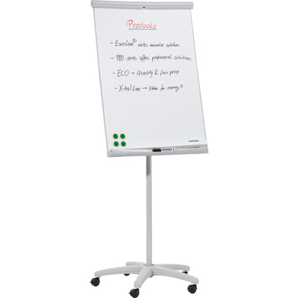 Mobiles Flipchart mit Rollen und beschreibbarer Fläche, aufgestellt in aufrechter Position.