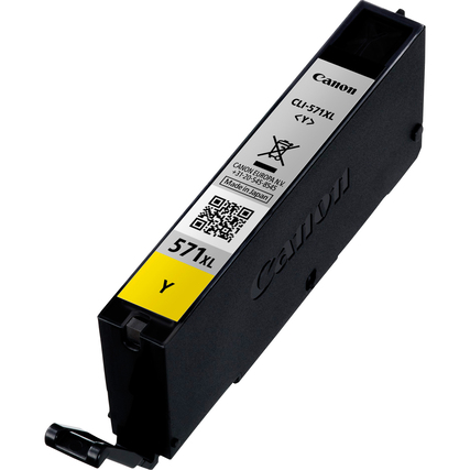 Gelbe Canon Tintenpatrone CLI-571XL mit Bezeichnung und Barcode auf der Oberseite.